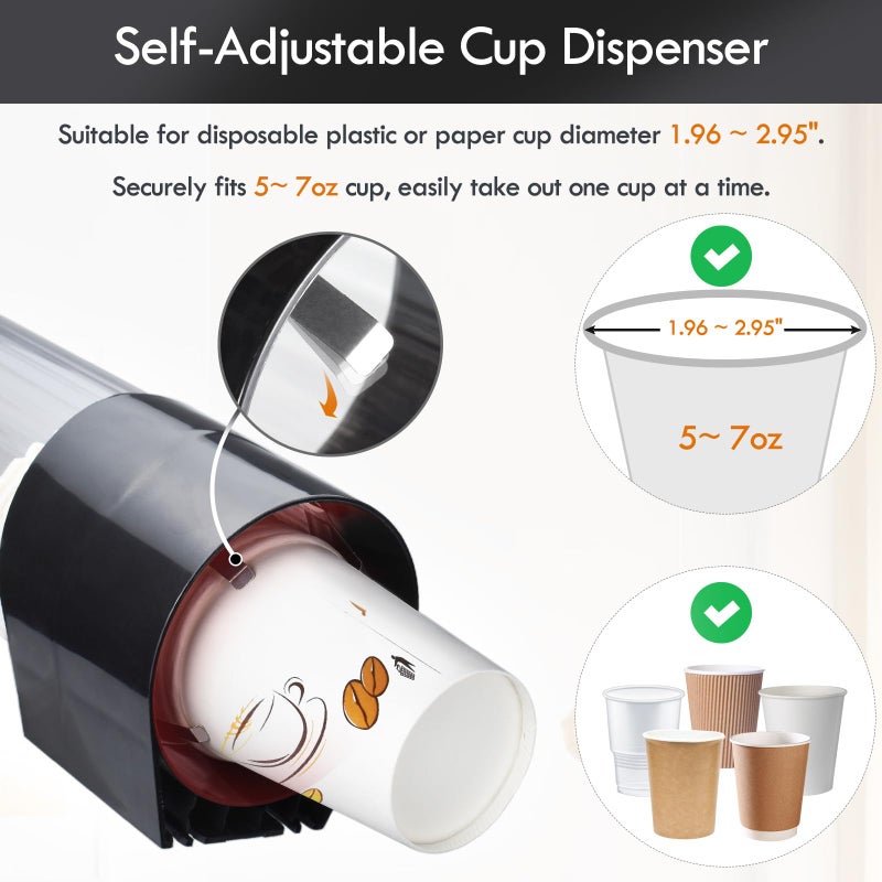 LBTING Cup Dispenser, Water Cooler Pull Type Cup Holder Fits 7oz - 12oz Cone or Flat Bottom Cups, Paste or Screw Plate Wall Mount, 16.9" Tube Length Black - Image 4